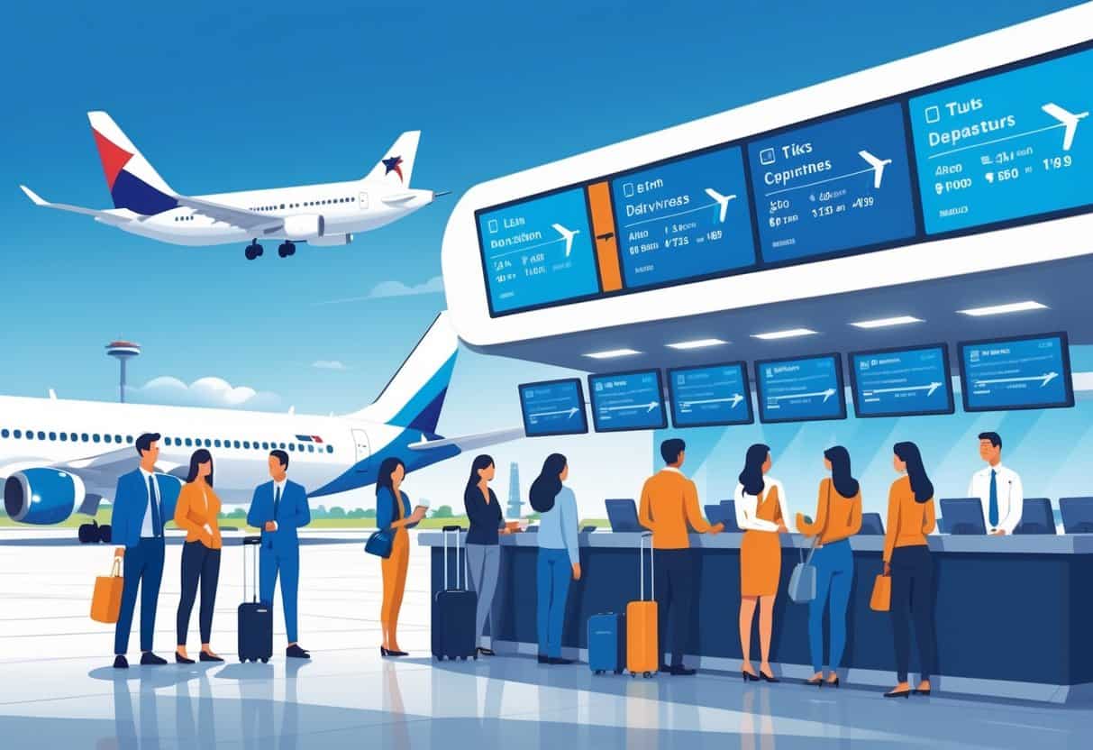 Travelers interacting with airline staff at an airport service counter with airplanes and flight information screens in the background.