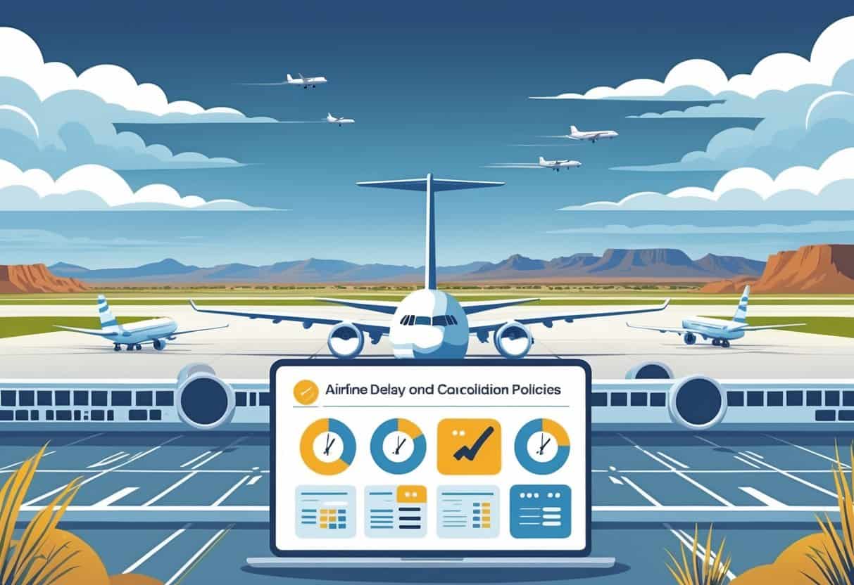 Airport scene in Albuquerque with airplanes on the runway and a cityscape in the background, accompanied by infographic icons representing airline delay and cancellation policies.