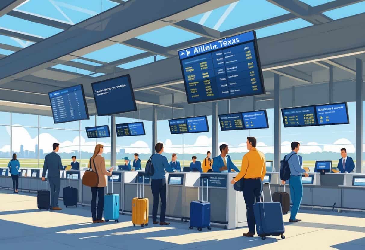 An airport terminal scene with passengers and airline staff interacting near counters and flight status displays showing delays and cancellations, set in Allen, Texas.