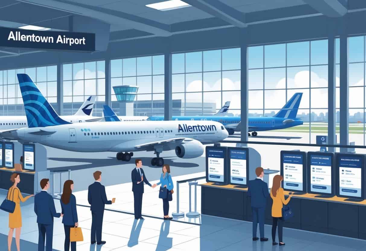 An airport scene in Allentown, Pennsylvania showing airplanes at gates, passengers calmly interacting with airline staff and flight information screens displaying delays and cancellations.