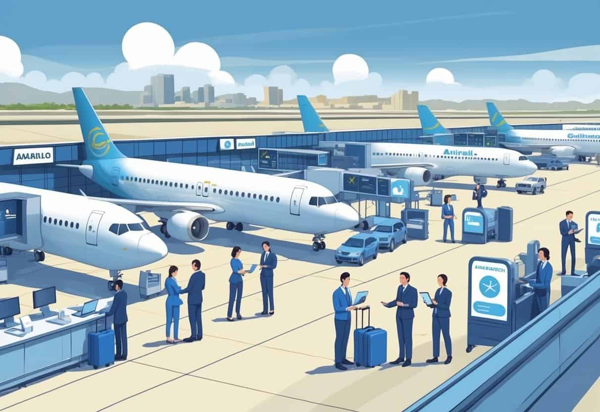 An airport scene in Amarillo showing airplanes on the tarmac, passengers waiting and interacting with airline staff, illustrating airline delays and cancellation policies.