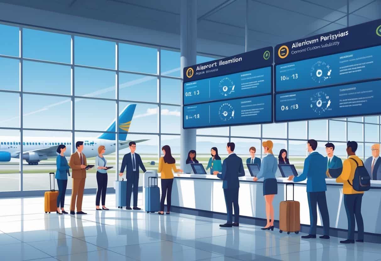Travelers calmly checking in at an airport counter with airline staff, digital flight displays showing on-time departures, and airplanes visible outside large windows.