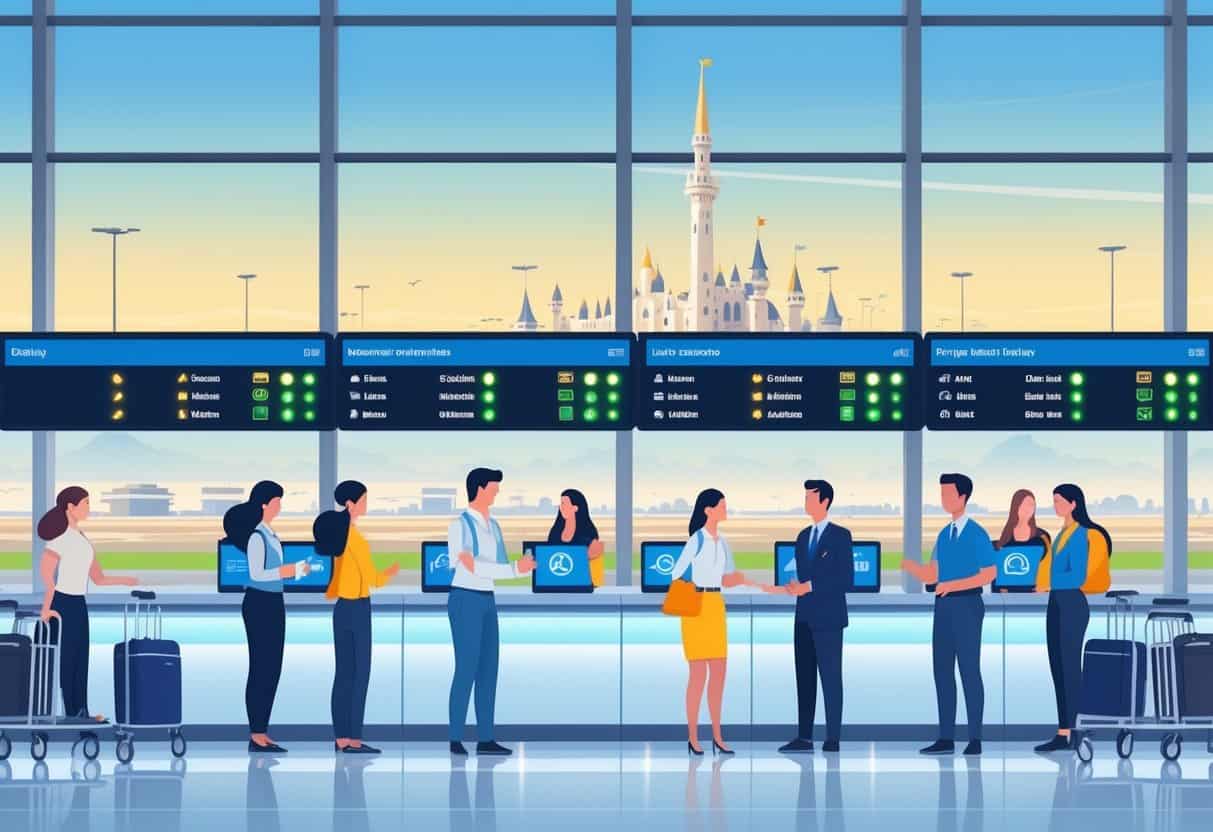 Travelers interacting with airline staff at an airport counter in Anaheim, with a flight information board and the city skyline including Disneyland in the background.