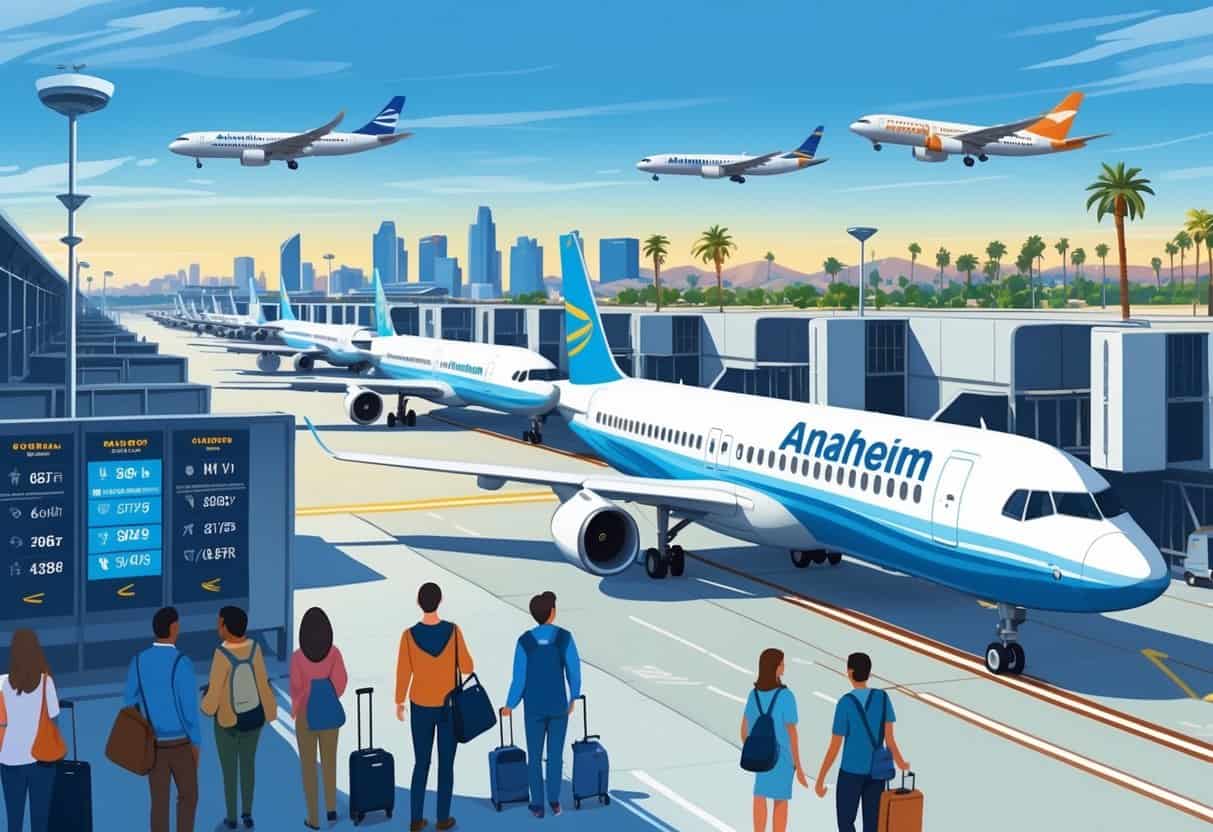 A busy airport in Anaheim with travelers, airplanes from major airlines at gates, and the city skyline in the background.
