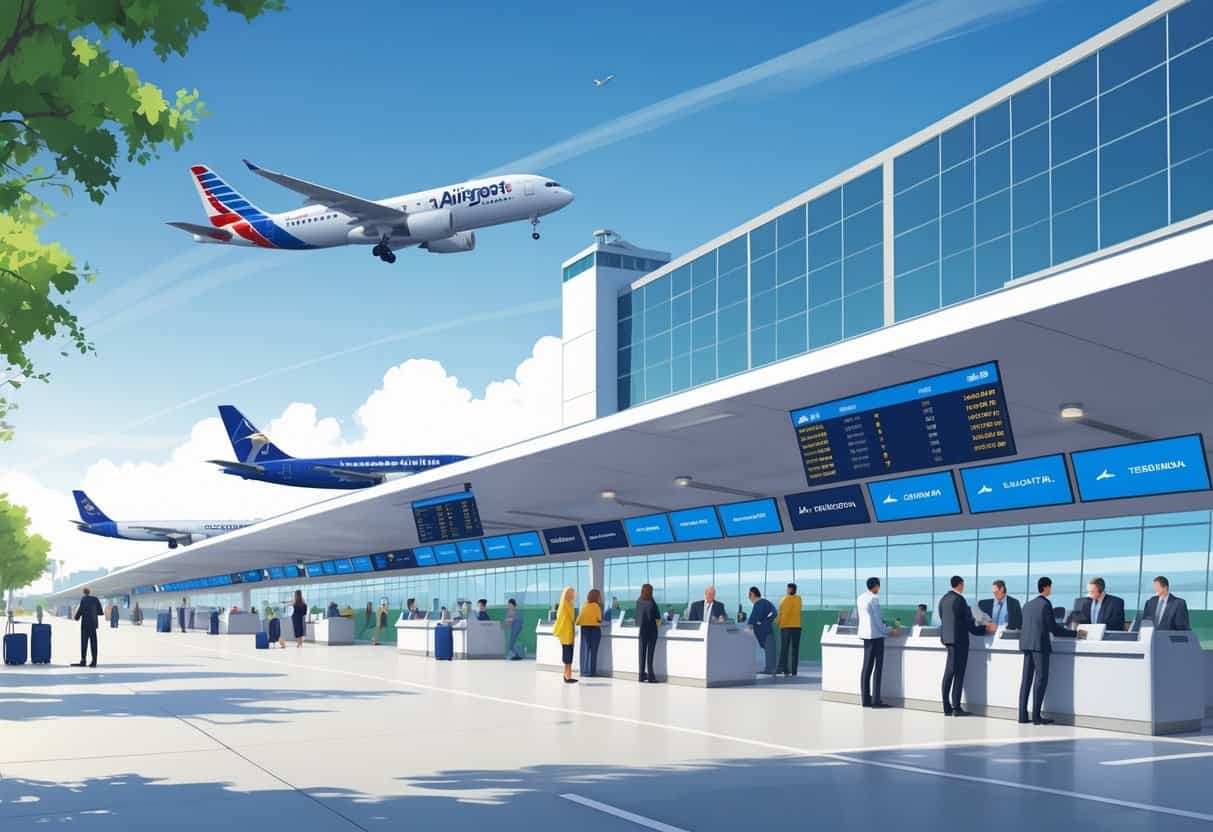 An airport terminal in Arlington, Texas with airplanes, passengers, and airline staff under a clear sky.