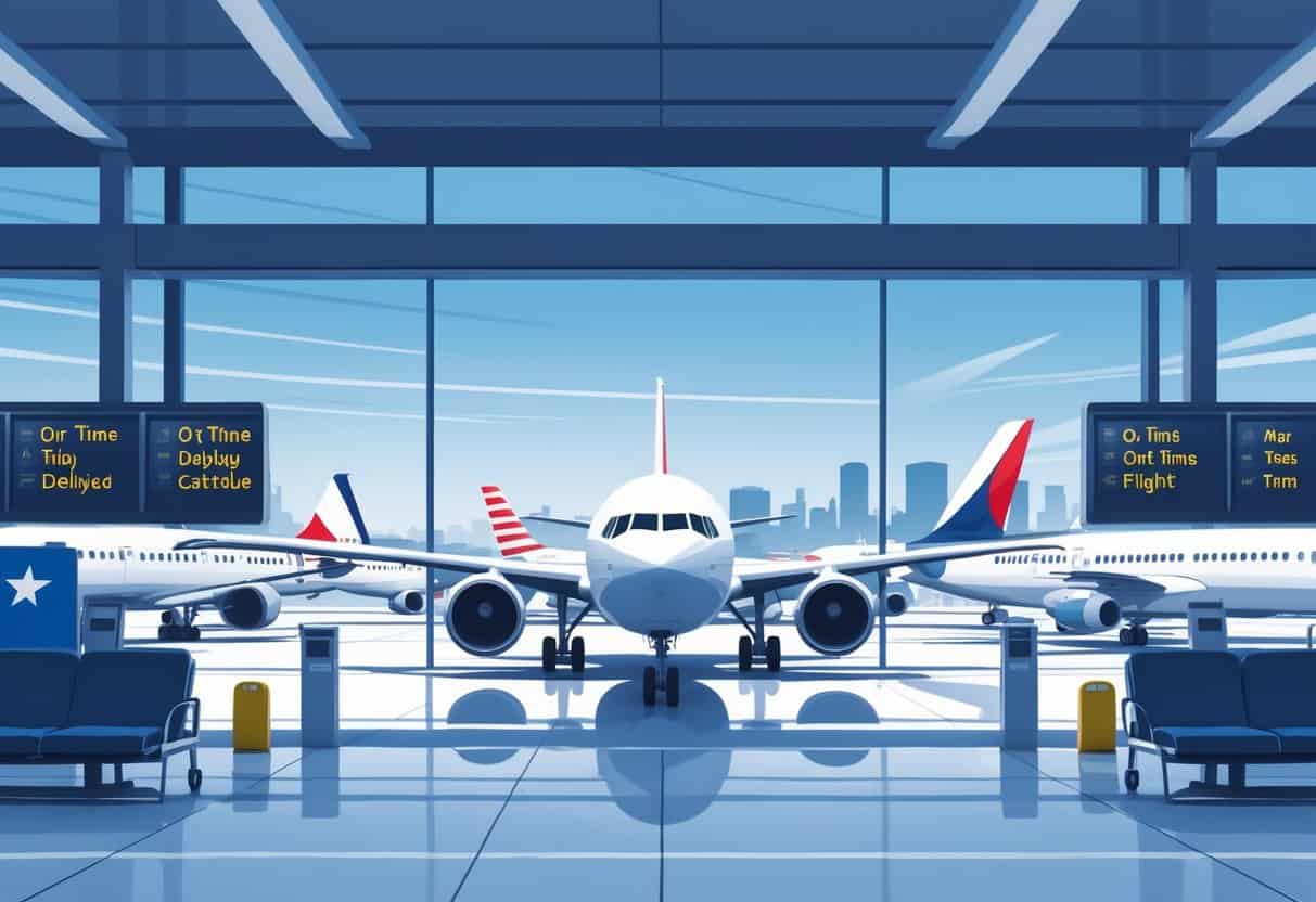 An airport terminal with airplanes at gates, digital flight status boards, and a Texas-themed background representing airline delay and cancellation policies in Arlington, Texas.