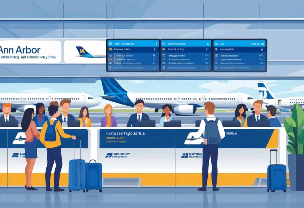 Passengers interacting with airline staff at an airport terminal in Ann Arbor, Michigan, with planes visible outside and flight information screens showing updated statuses.