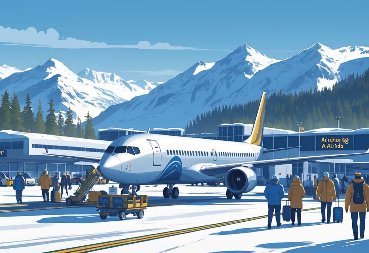 An airport in Anchorage, Alaska with a passenger airplane at the gate, snow-covered mountains in the background, and passengers dressed for winter walking calmly on the tarmac.