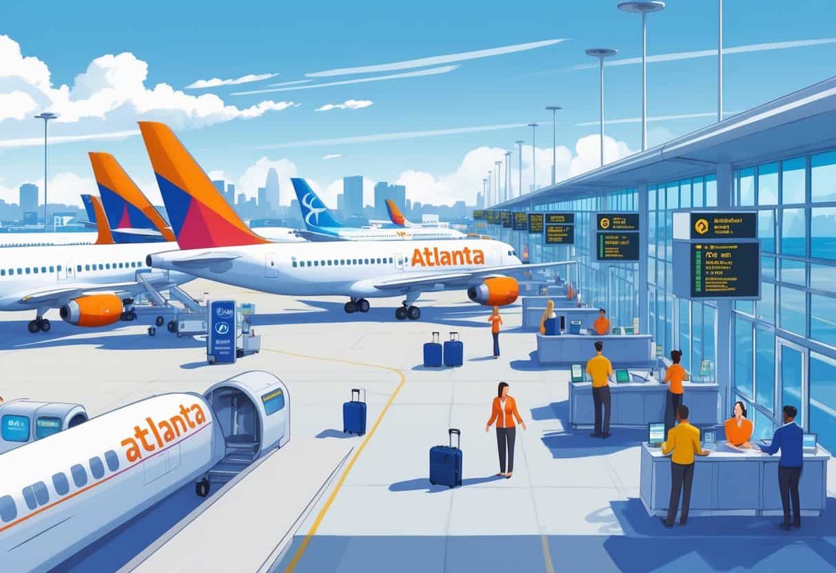 An airport terminal in Atlanta with airplanes at gates and passengers calmly interacting with airline staff, showing a smooth and efficient travel experience.
