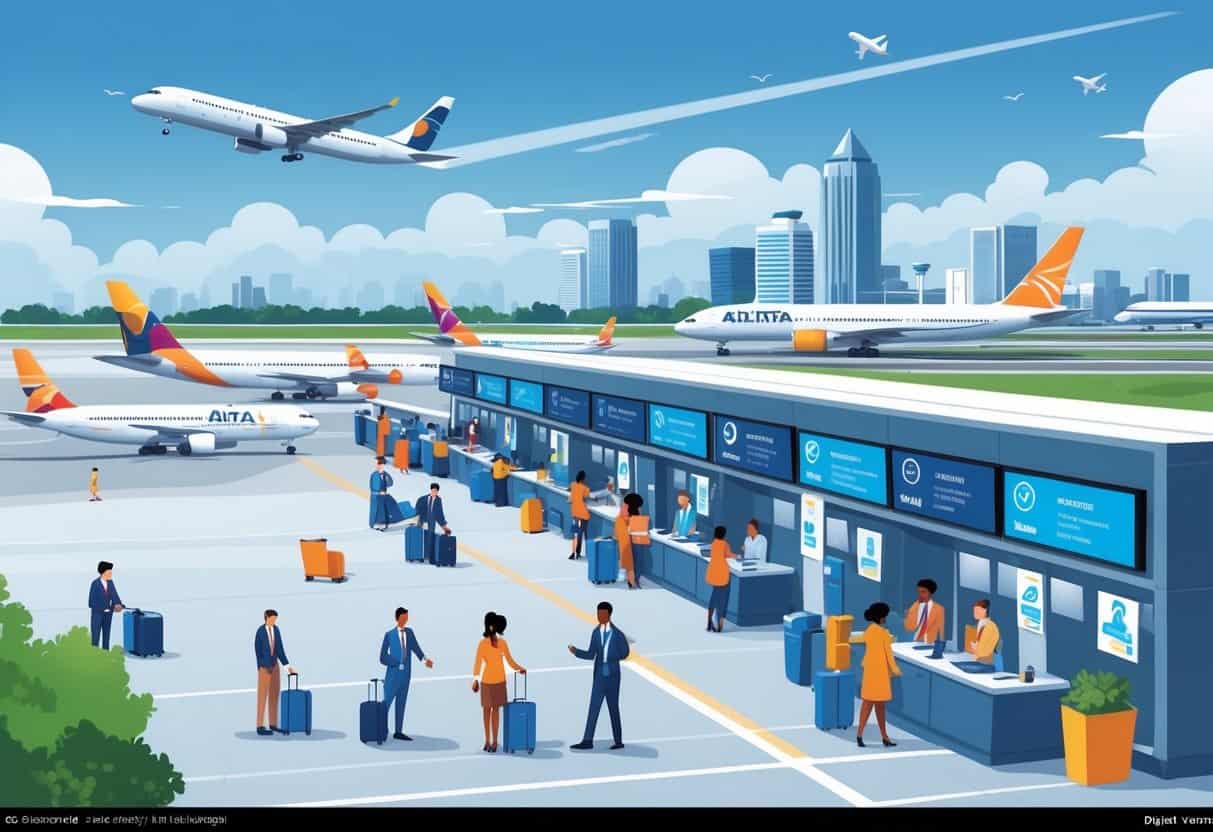 An airport terminal in Atlanta with airplanes on the runway, travelers interacting with airline staff, and flight status screens showing updates about delays and cancellations.