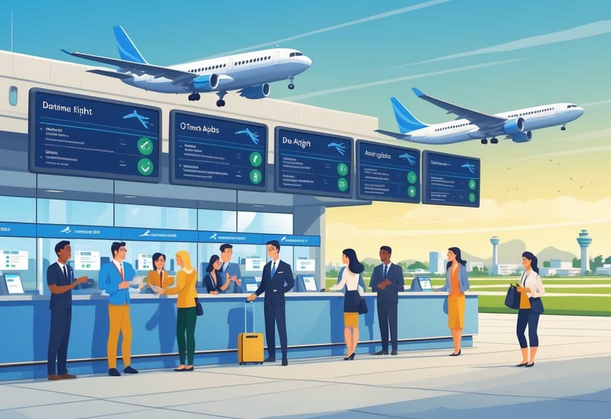 Travelers and airline staff at an airport check-in counter with airplanes taking off in the background and a clear sky over a cityscape.