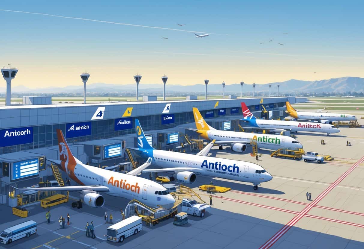 An airport terminal with airplanes from various airlines parked at gates, ground crew and passengers moving around, set against a California landscape with hills and city buildings in the background.