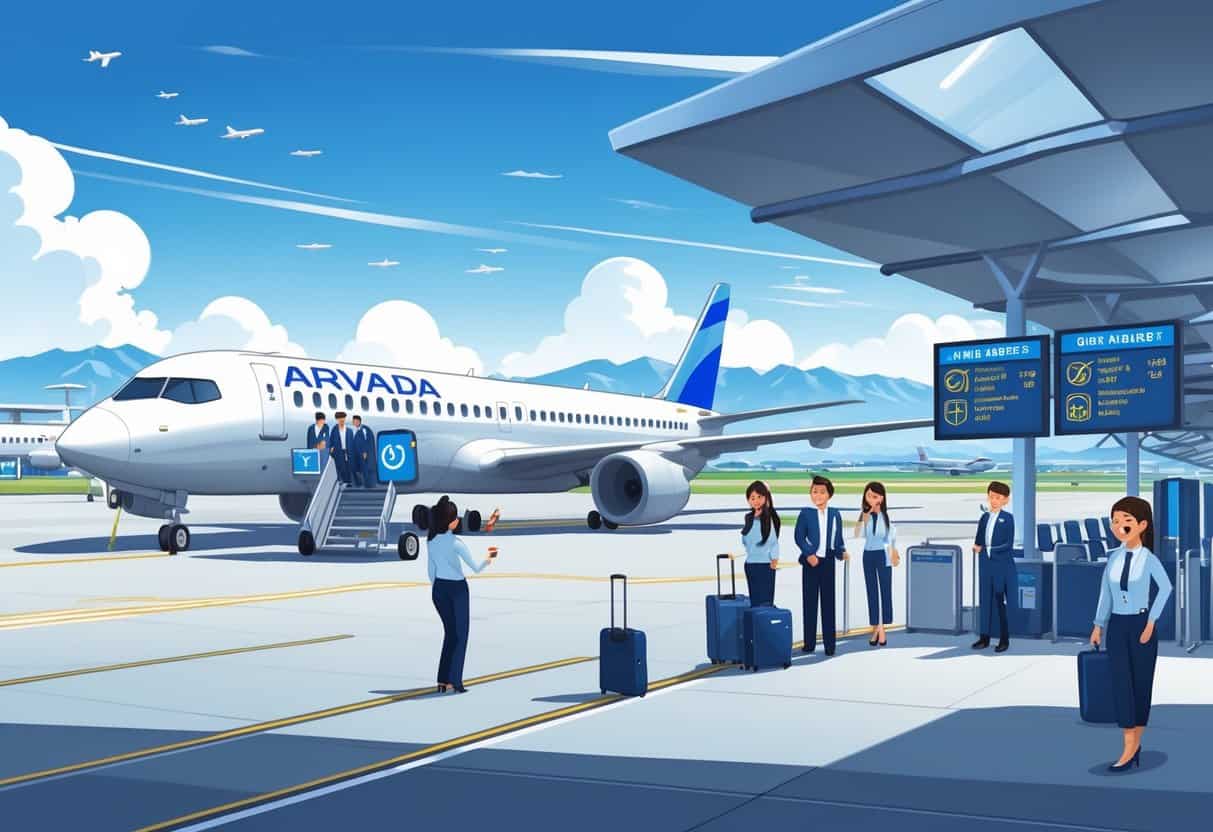 An airport scene near mountains with an airplane at the gate, airline staff helping passengers board, and displays showing on-time flights.