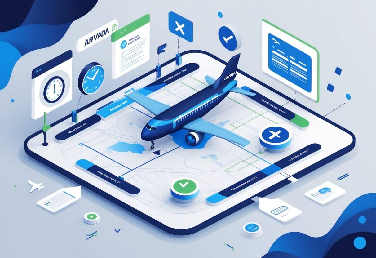 An infographic showing flight delays and cancellation policies around Arvada, Colorado, featuring a map, airplane icons, clocks, document symbols, and airline logos.