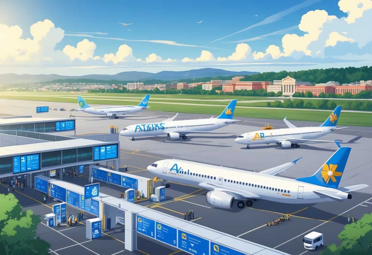 An airport terminal in Athens, Georgia with airplanes at gates and travelers checking flight information, with the city skyline and greenery in the background.