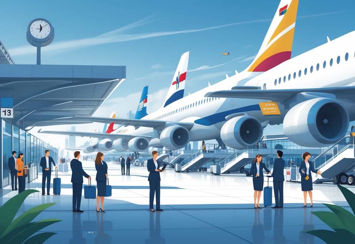 An airport scene in Athens, Georgia with several airplanes at gates, airline staff assisting passengers, and a city skyline in the background.