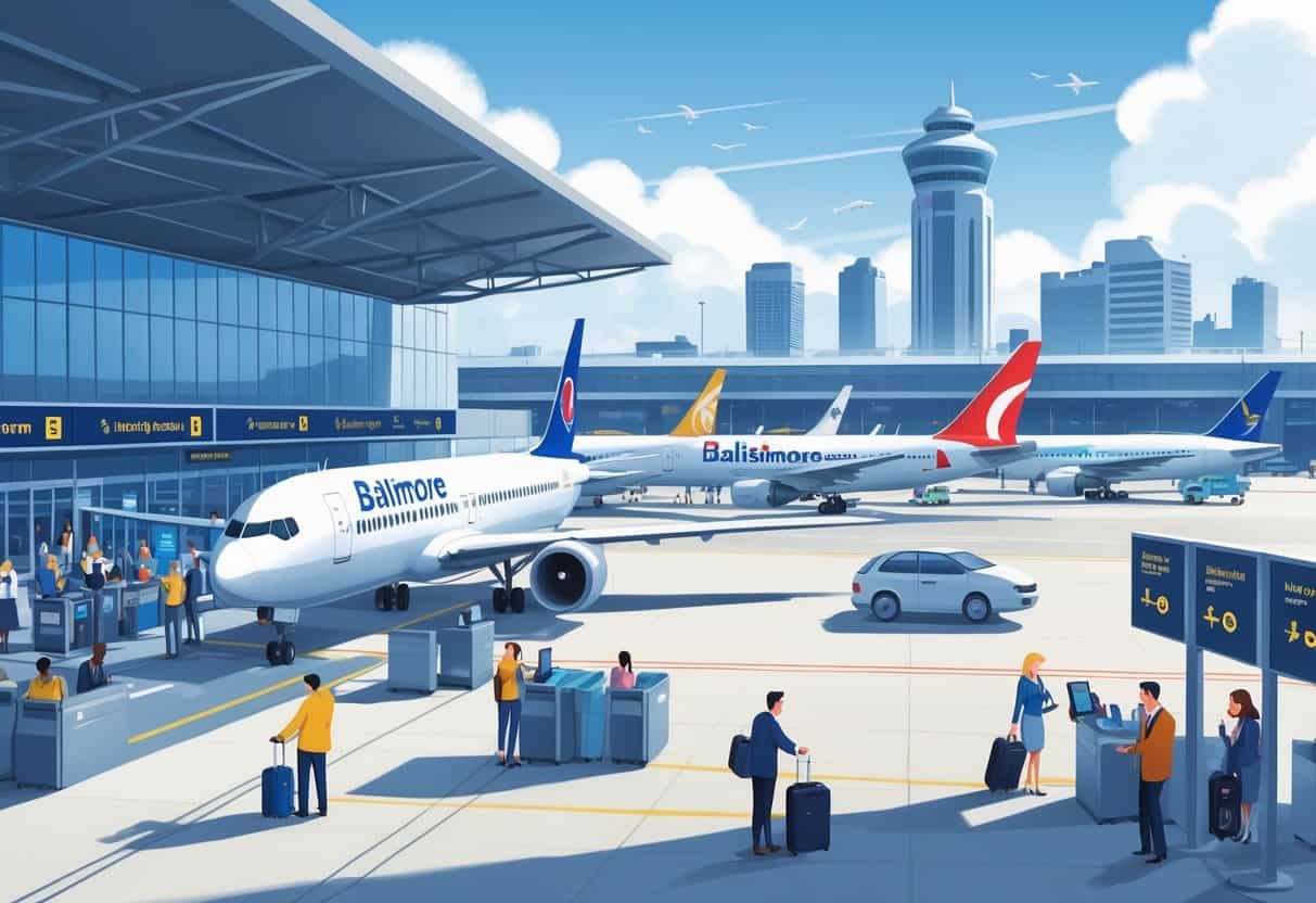 An airport terminal in Baltimore with airplanes on the tarmac, airline staff assisting passengers, and travelers boarding flights under a clear sky.