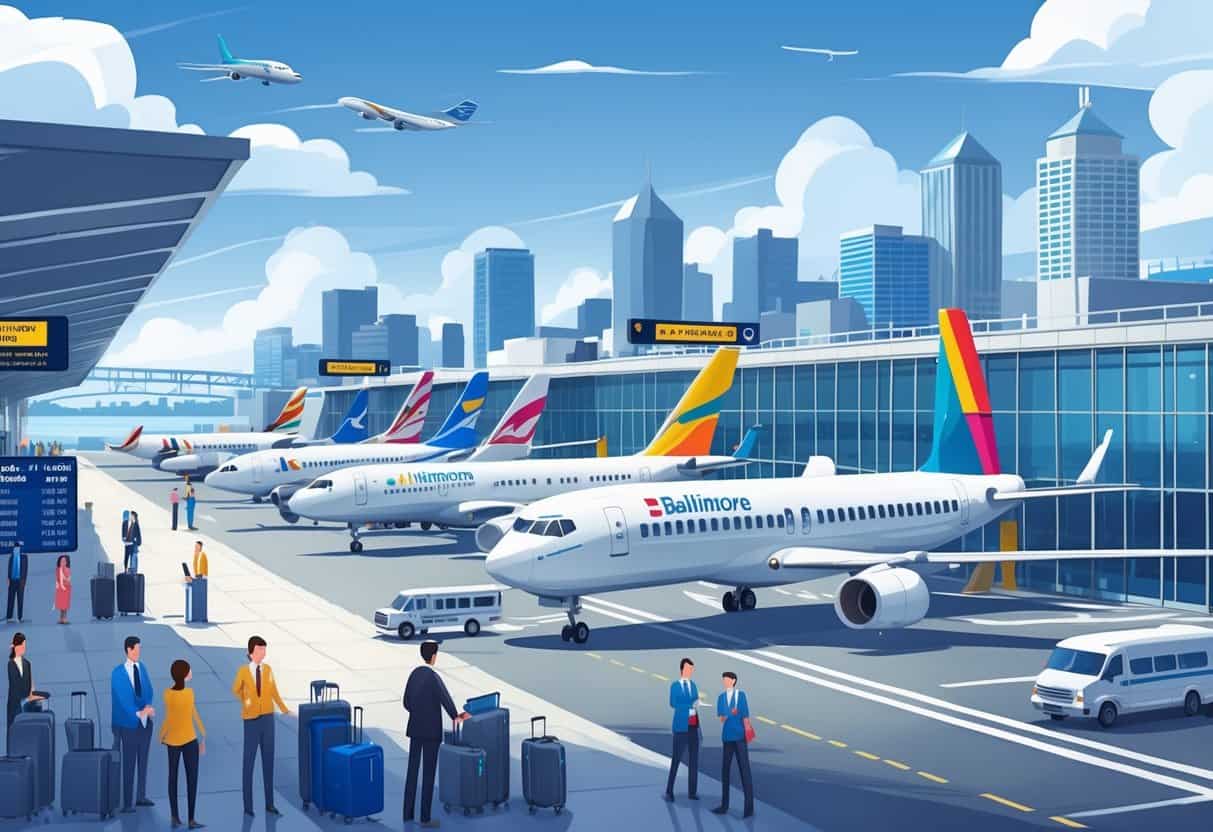 An airport scene in Baltimore with airplanes from various airlines parked at gates, airport staff assisting passengers, and the Baltimore skyline visible in the background.
