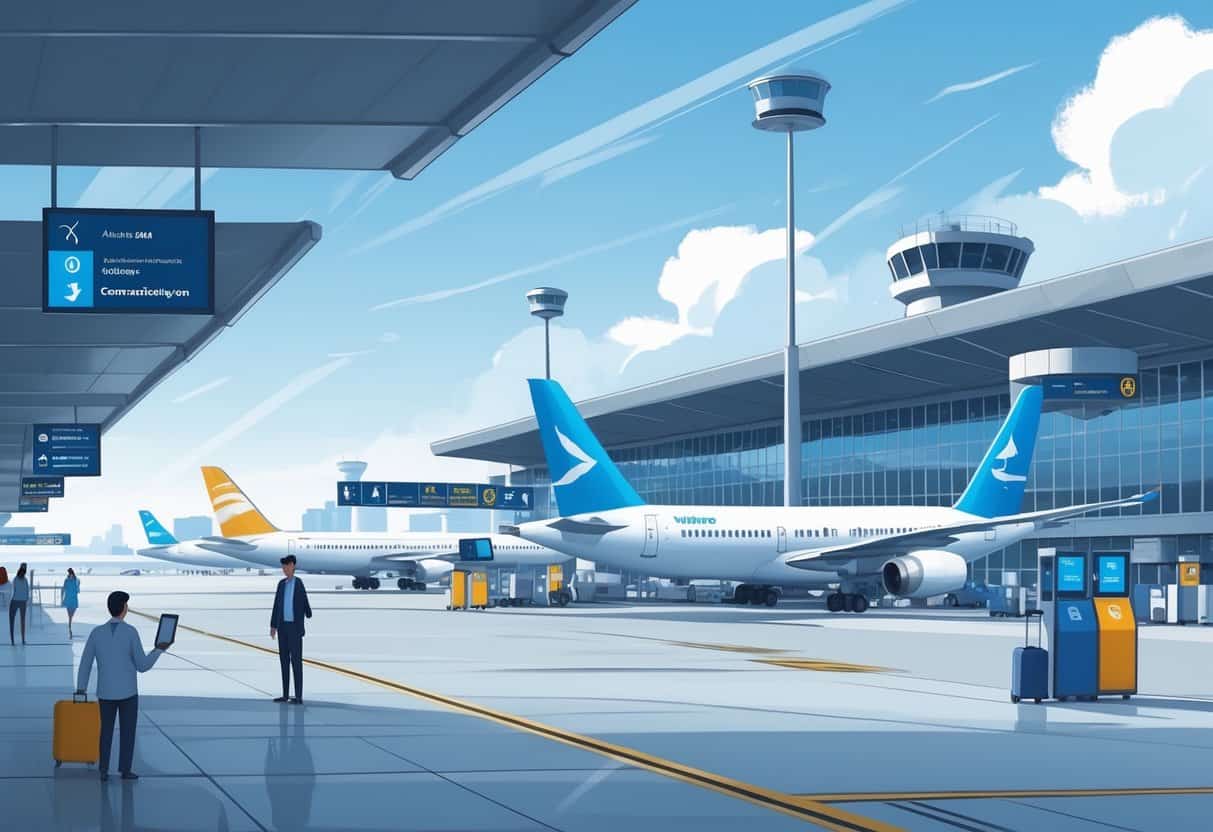 An airport terminal in Augusta, Georgia with passengers checking flight information and airplanes on the runway, depicting a smooth and reliable travel experience.