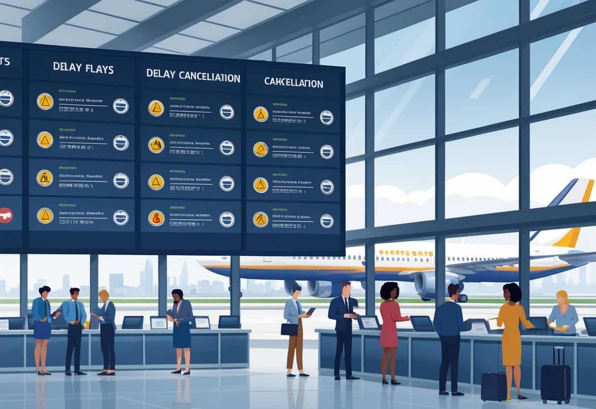 An airport terminal scene showing travelers and airline staff with a flight information board and charts comparing airline delay and cancellation policies, with airplanes visible outside the windows.