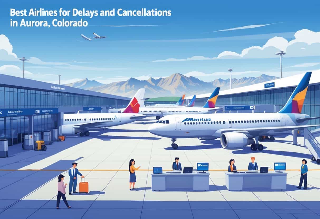 An airport terminal in Aurora, Colorado with airplanes at gates, passengers interacting with airline staff, and mountains in the background.