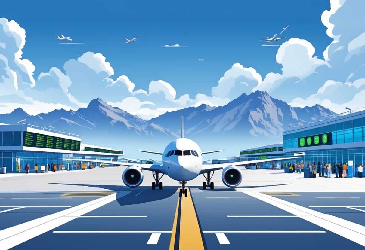 An airport scene near mountains with a passenger airplane on the runway and travelers at the terminal, highlighting reliable airline service.