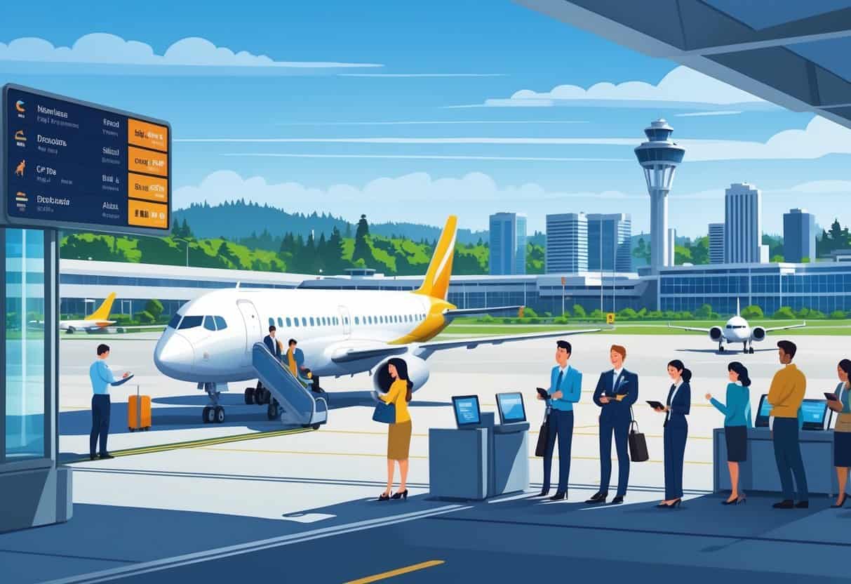 An airport scene in Bellevue, Washington with a plane at the gate, passengers boarding, airline staff assisting, and the city skyline in the background.