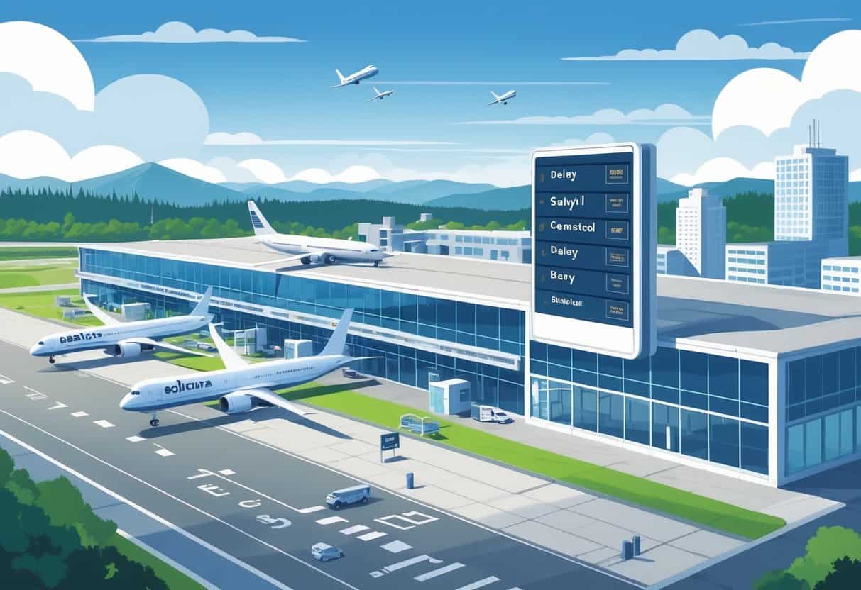 An airport scene near a city skyline with airplanes on the runway and digital flight status boards showing delays and cancellations, alongside icons representing airline policies and timing.