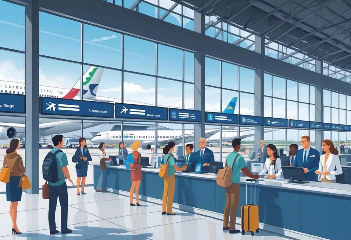 Travelers receiving assistance at airline counters inside an airport terminal with planes visible outside.