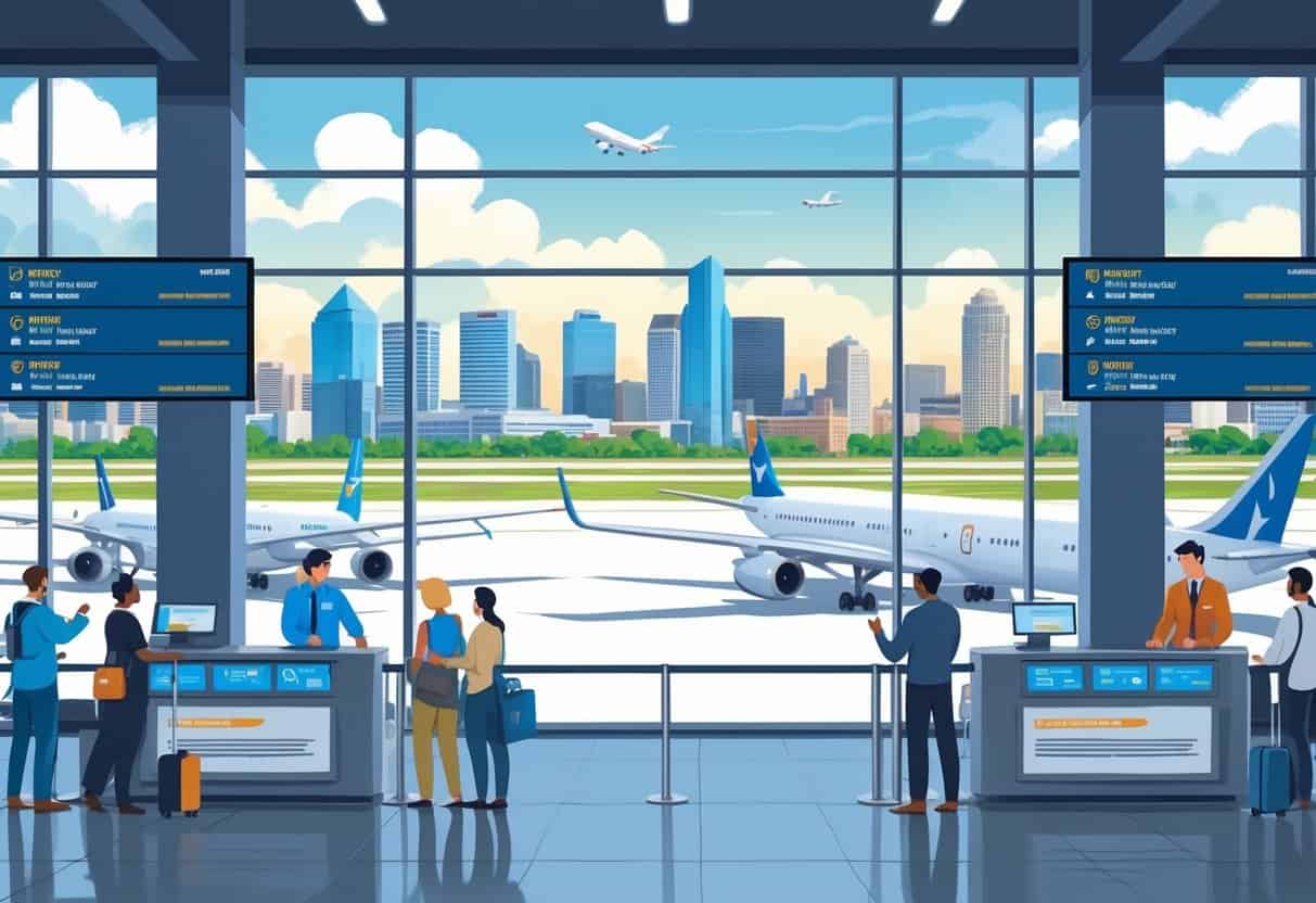 An airport terminal in Austin, Texas with travelers and airline staff interacting, airplanes on the tarmac, and the Austin skyline visible in the background.