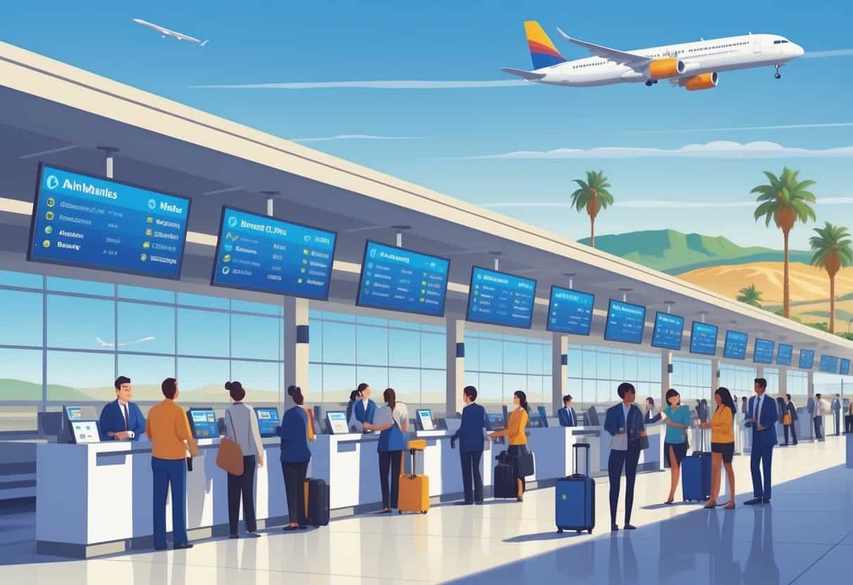 An airport terminal in Bakersfield with travelers and airline staff interacting calmly, flight boards showing on-time departures, and a clear sky with palm trees and hills in the background.
