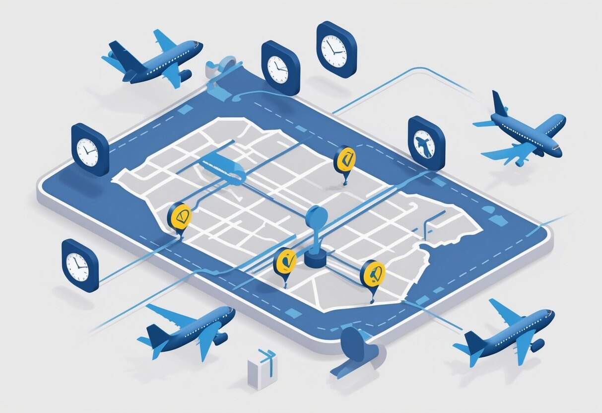 An infographic showing a map of Bakersfield, California with airplane icons and symbols representing airline delays and cancellation policies connected around it.