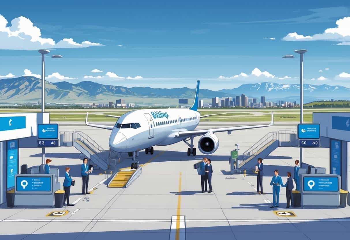 An airport scene in Billings, Montana with an airplane at the gate, airline staff helping relaxed passengers, and the city skyline with mountains in the background.