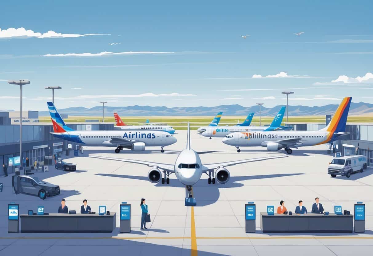An airport in Billings, Montana with airplanes from different airlines at gates, airline staff helping passengers, and a clear sky with mountains in the background.