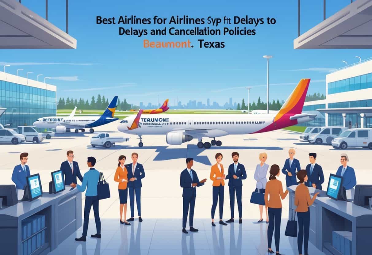 An airport terminal in Beaumont, Texas with airplanes on the runway and passengers being assisted by airline staff at check-in counters.