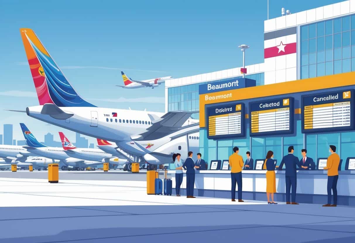 An airport terminal in Beaumont, Texas with airplanes at gates, passengers speaking with airline staff, and flight status displays showing delays and cancellations.