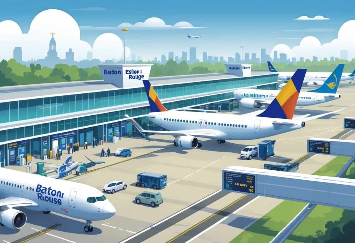 An airport scene in Baton Rouge with airplanes on the runway, passengers checking flight information, and the Louisiana State Capitol visible in the background.