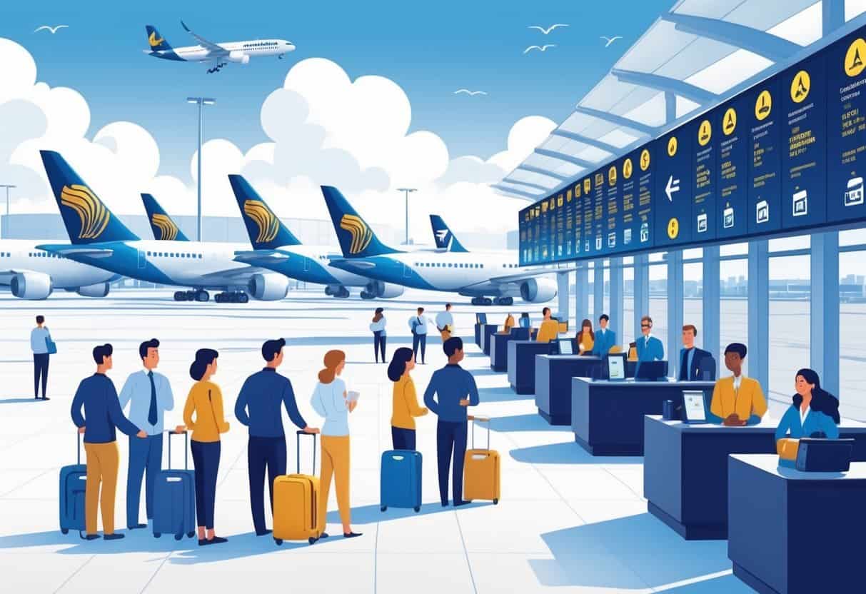 An airport terminal scene with airplanes at gates, travelers talking to airline staff, and flight status displays showing delays and cancellations.