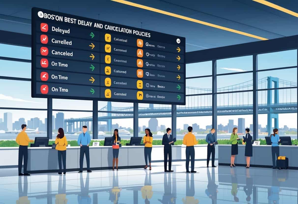 An airport terminal in Boston with travelers and airline staff near service counters, a flight status board showing delays and cancellations using color-coded icons, and Boston city landmarks visible through large windows.