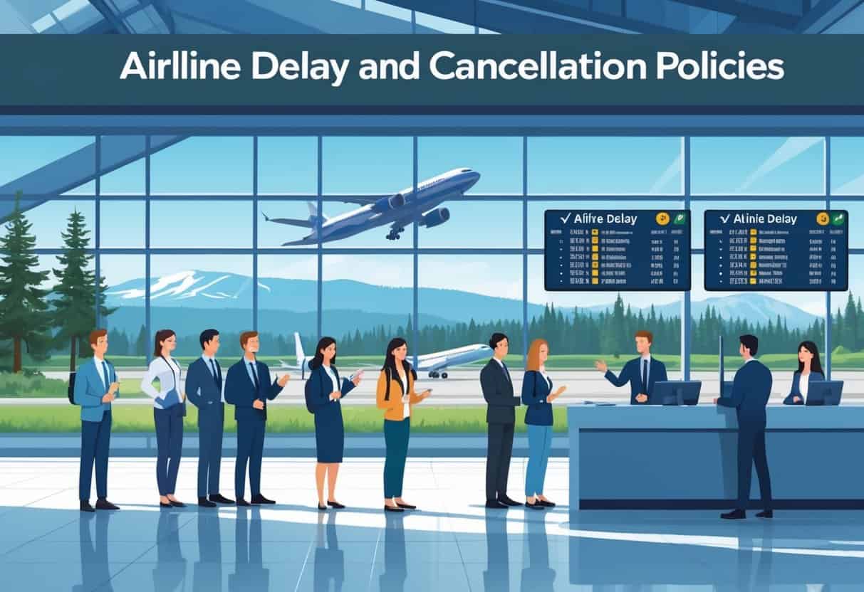 Airport scene in Bend, Oregon with travelers and airline staff interacting calmly at a service desk, flight information boards showing updated statuses, and mountains visible through large windows.