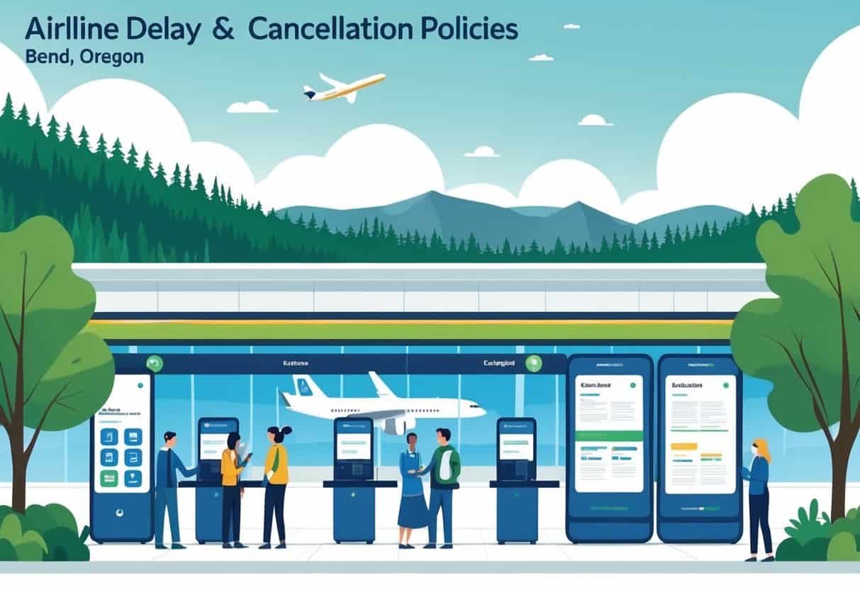 An airport terminal in Bend, Oregon with travelers and airline staff interacting, surrounded by mountains and pine trees, illustrating airline delay and cancellation policies.