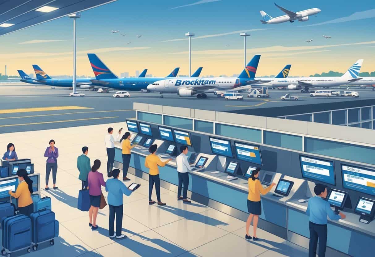 Airport terminal in Brockton with travelers and airline staff assisting passengers near planes preparing for boarding.