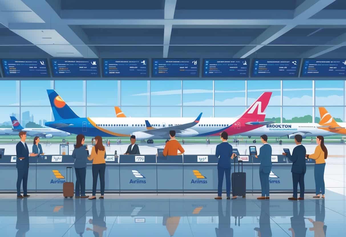 An airport terminal in Brockton with travelers and airline staff interacting at check-in counters, airplanes at gates, and flight information boards showing on-time flights.