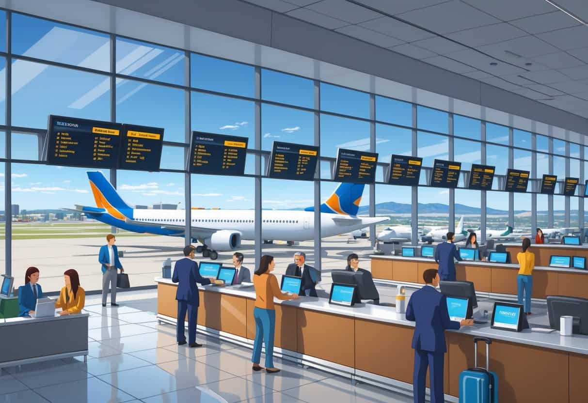 An airport terminal in Boise with airline counters, staff helping passengers, airplanes at gates, and a clear view of the city outside.