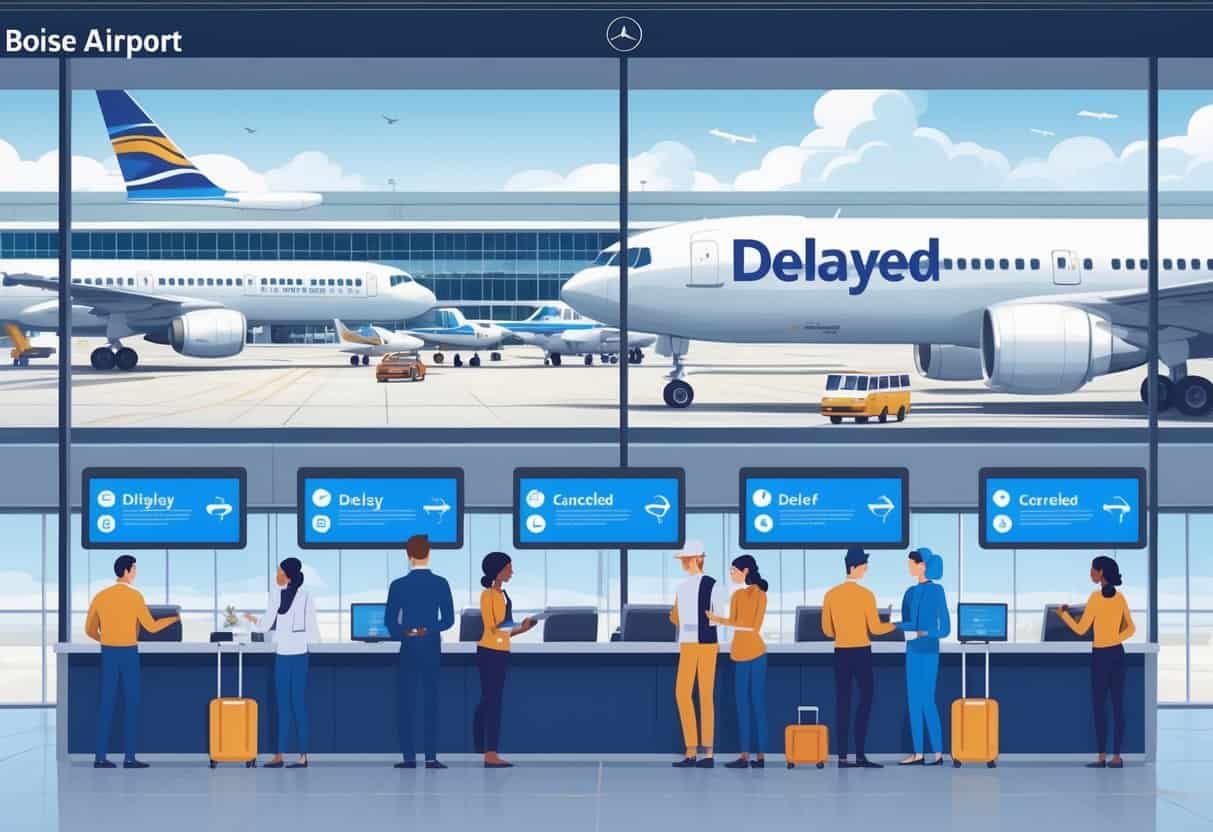 A busy airport terminal at Boise Airport with airplanes at gates, passengers interacting with airline staff, and flight information boards showing delays and cancellations.