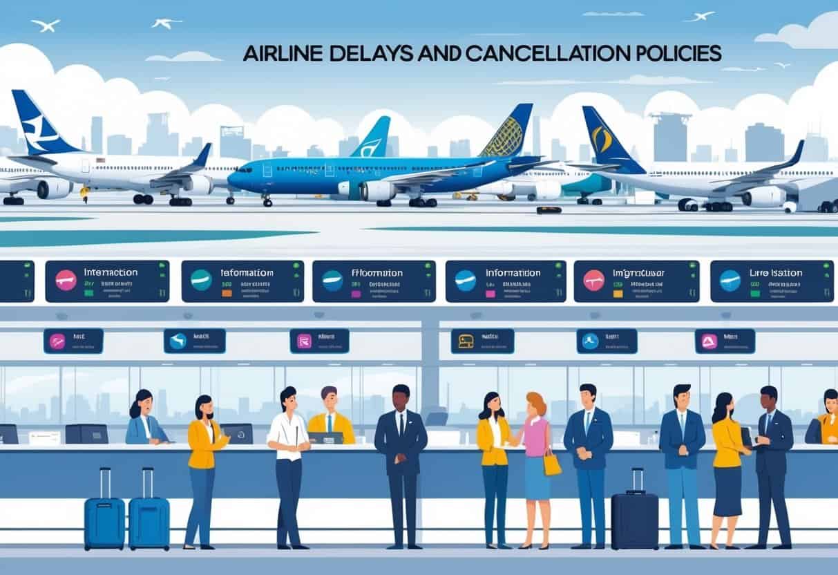 An airport terminal in Birmingham with airplanes at gates and travelers receiving assistance from airline staff, showing a calm and organized environment.