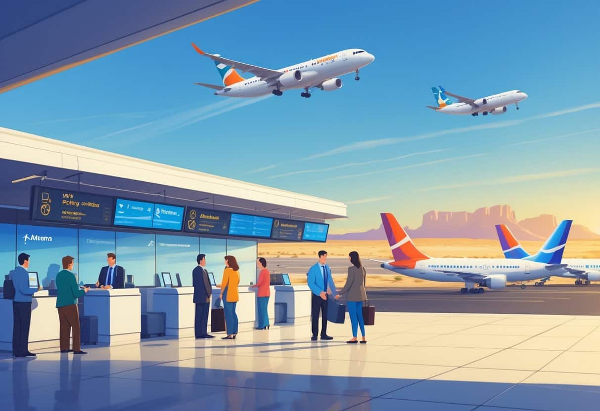 An airport scene in Buckeye, Arizona showing passengers interacting with airline staff at counters and airplanes on the runway under clear skies with desert landscape in the background.