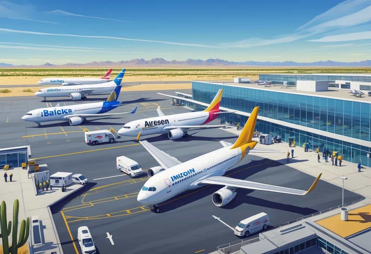 An airport in Buckeye, Arizona with airplanes on the runway, desert landscape with cacti and mountains in the background, and airport staff working around the planes.