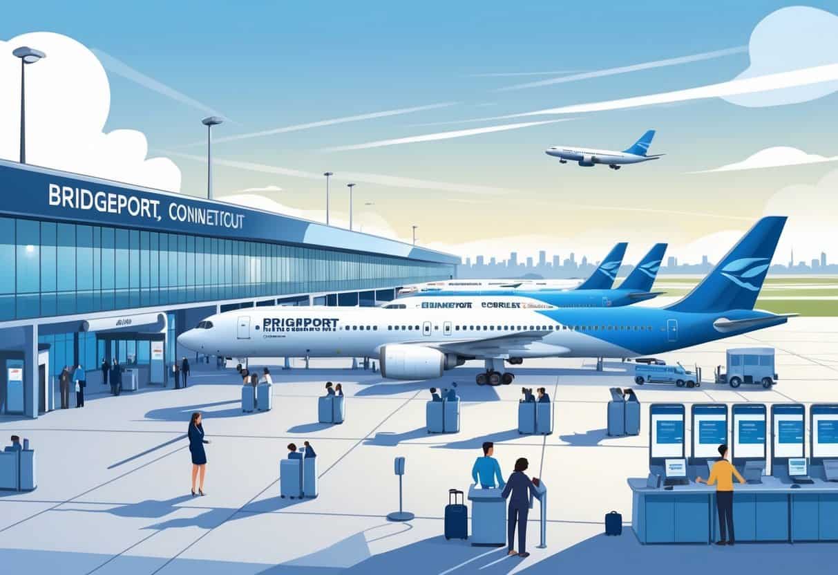 An airport terminal in Bridgeport, Connecticut with airplanes from various airlines at gates and passengers interacting with airline staff in a calm, orderly environment.