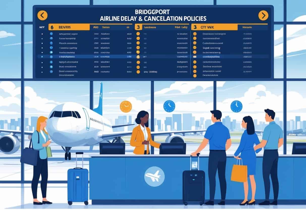 Airport scene showing travelers and airline staff at a service desk with a flight status board and airplanes outside, set against the Bridgeport city skyline.